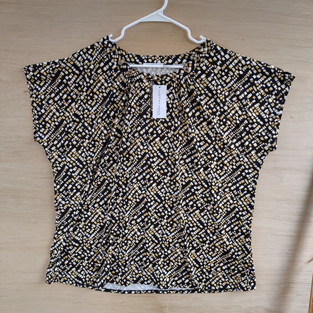 Notations Vintage Yellow Black Pattern Collar Neck Size 3x Women's Blouse NWT